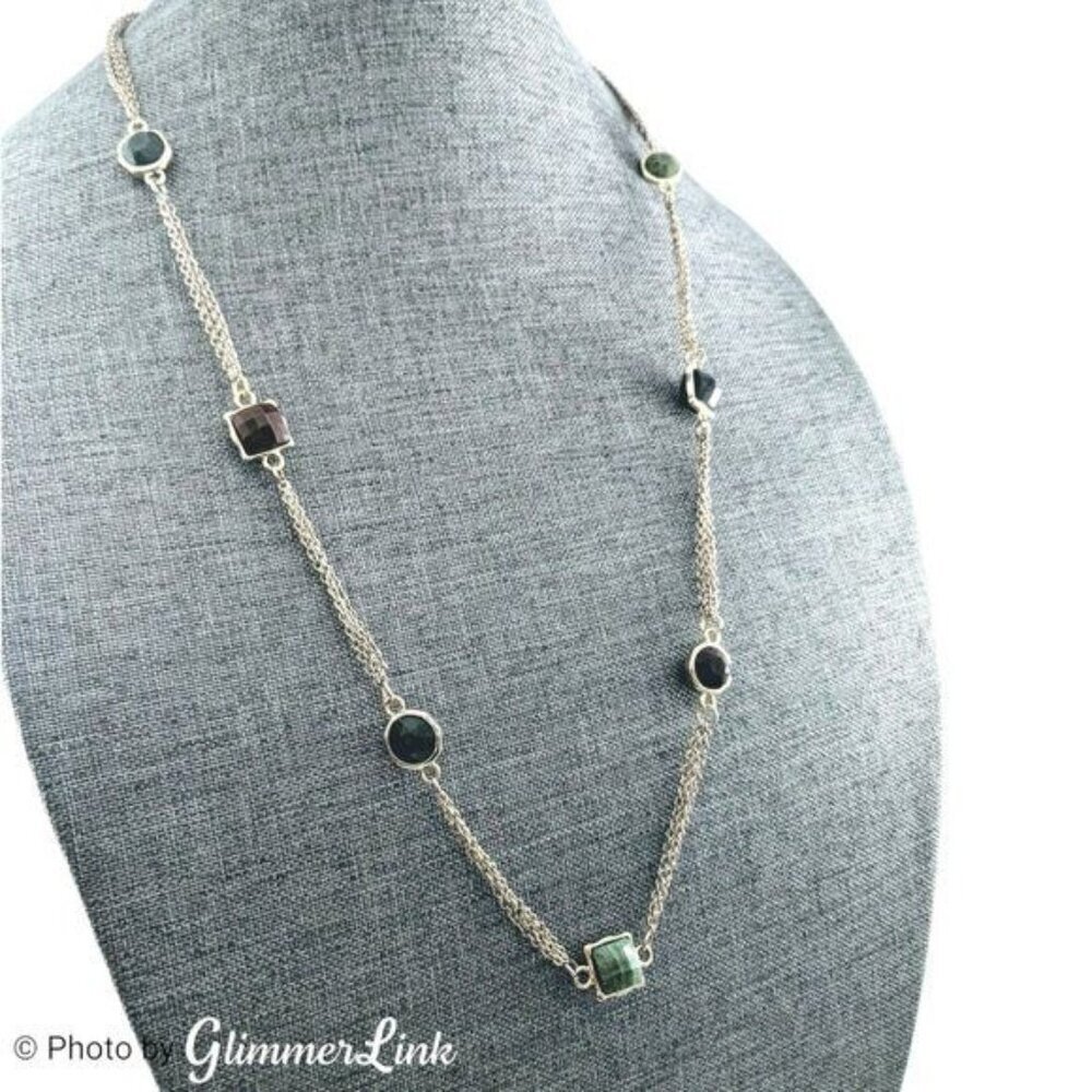 Banana Republic Green Brown Station Silver Tone Layering Necklace